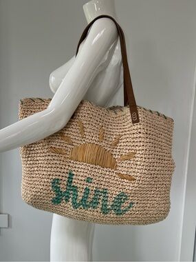 Nordstrom Woven Straw Shoulder Tote Bag Sun Motif  beach tropical bag